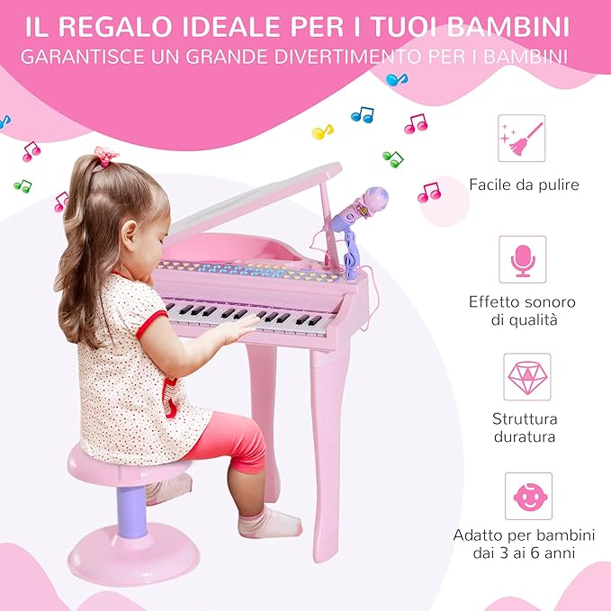 HOMCOM Pianoforte Giocattolo per Bambini con Microfono