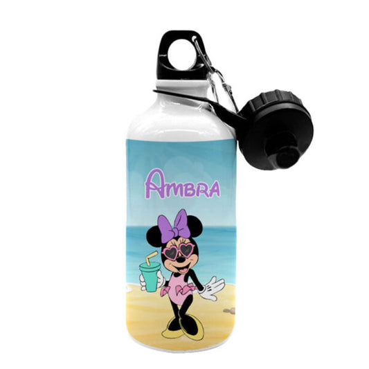 Borraccia in alluminio 500ml personalizzata con nome Minnie in spiaggia