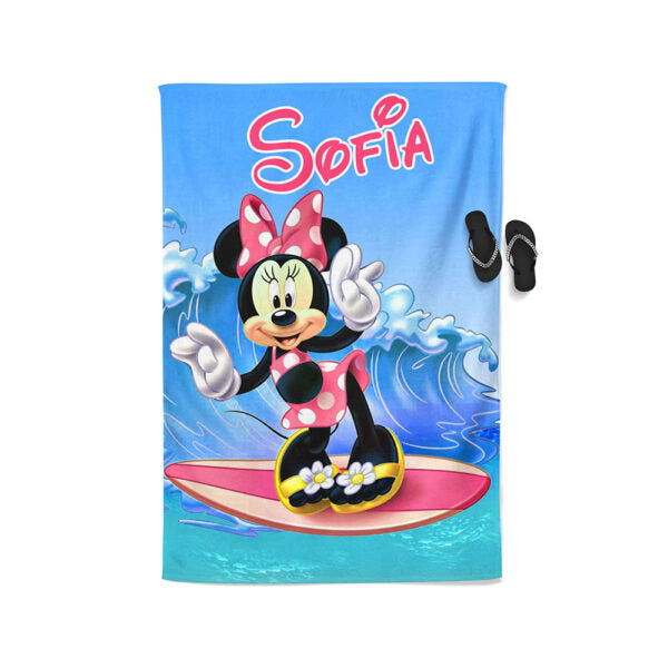 Telo mare in microfibra personalizzato con nome Minnie surf