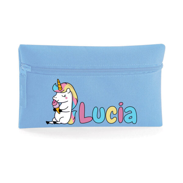 Astuccio 21×14 cm in poliestere 600D personalizzato con nome unicorno con gelato