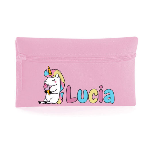 Astuccio 21×14 cm in poliestere 600D personalizzato con nome unicorno con gelato