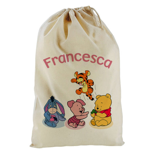 Sacchetto personalizzato con nome winnie e tigro e pimipi e ih-oh