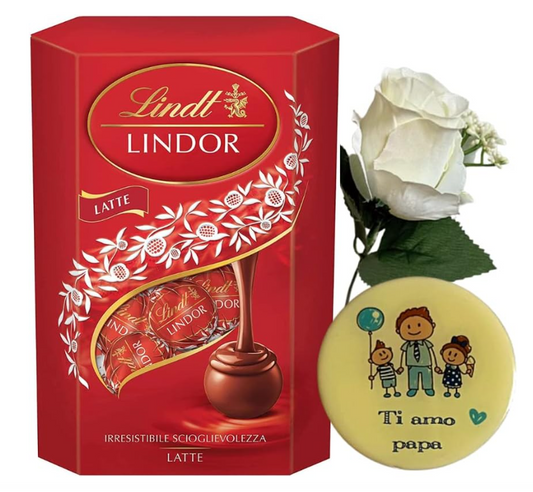 Regalo Natale Papà - 200gr Cioccolatini al Latte + Calamita Papà + Rosa Bianca - Regalo Originale (Latte)