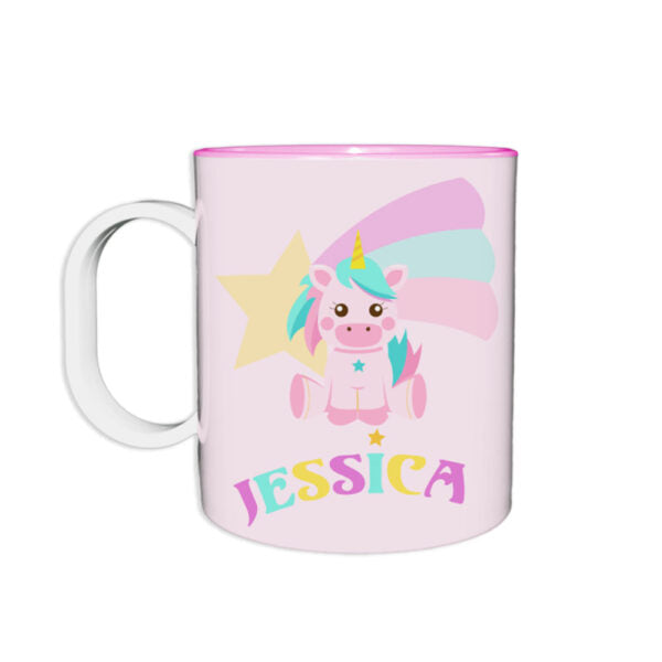 Tazza in plastica personalizzata con nome baby unicorno con arcobaleno