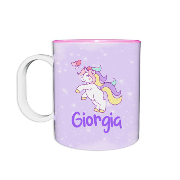 Tazza in plastica personalizzata con nome unicorno con cuoricini