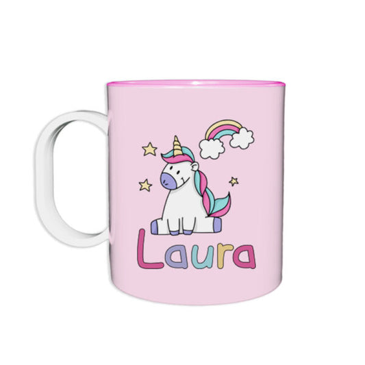 Tazza in plastica personalizzata con nome unicorno con arcobaleno e stelle