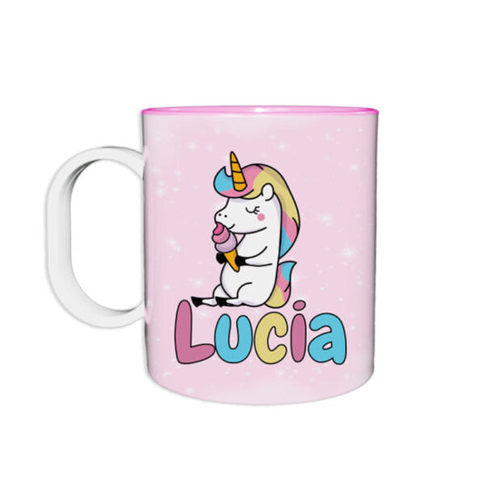 Tazza in plastica personalizzata con nome unicorno con gelato