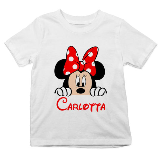 T shirt bambina personalizzata con nome minnie che esce dalla tasca